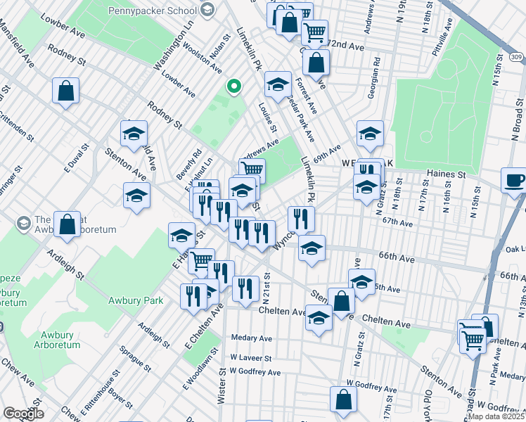 map of restaurants, bars, coffee shops, grocery stores, and more near 6805 Rodney Street in Philadelphia