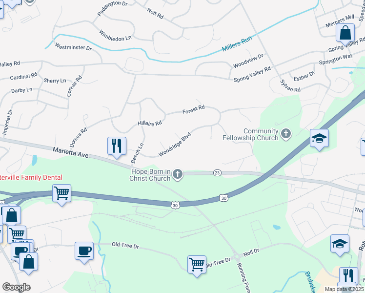 map of restaurants, bars, coffee shops, grocery stores, and more near 2607 Marietta Avenue in Lancaster