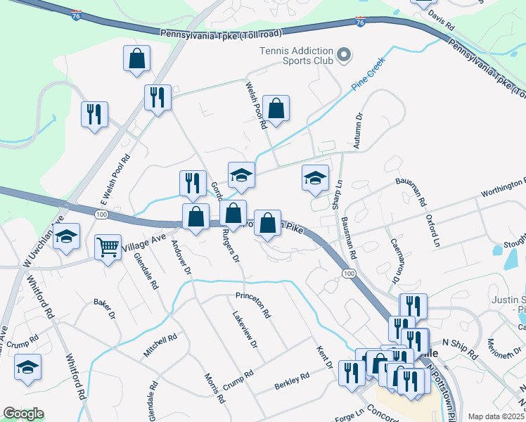 map of restaurants, bars, coffee shops, grocery stores, and more near 741 North Pottstown Pike in Exton