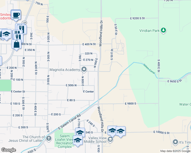 map of restaurants, bars, coffee shops, grocery stores, and more near 124 North 900th East in Salem