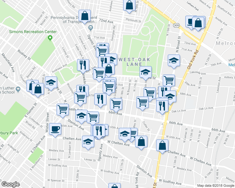 map of restaurants, bars, coffee shops, grocery stores, and more near 6715 North Gratz Street in Philadelphia