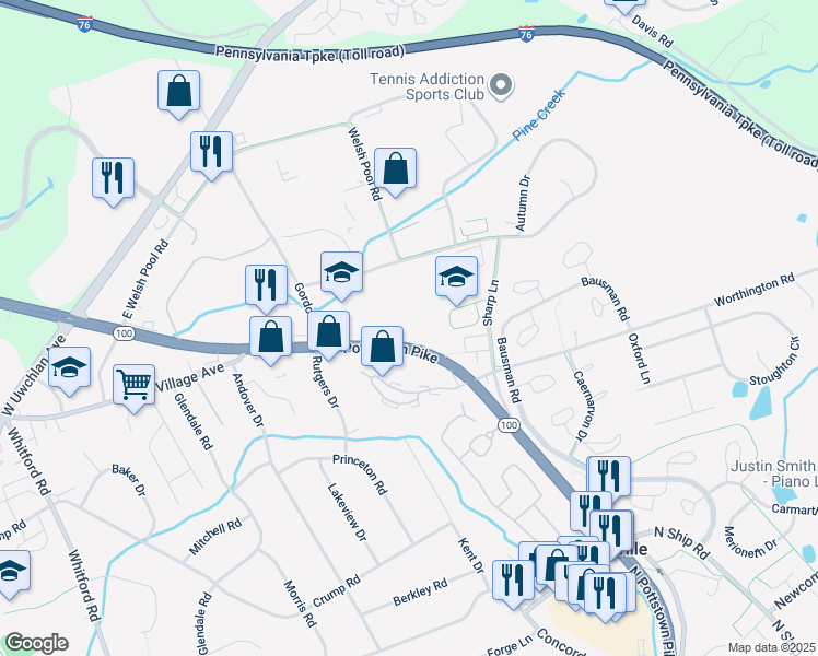 map of restaurants, bars, coffee shops, grocery stores, and more near 733 North Pottstown Pike in Exton