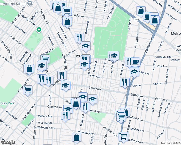 map of restaurants, bars, coffee shops, grocery stores, and more near 6715 North Gratz Street in Philadelphia