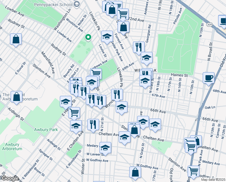 map of restaurants, bars, coffee shops, grocery stores, and more near 6725 Woolston Avenue in Philadelphia