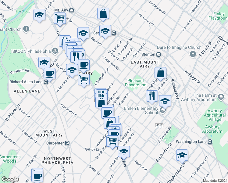 map of restaurants, bars, coffee shops, grocery stores, and more near 147 Meehan Avenue in Philadelphia
