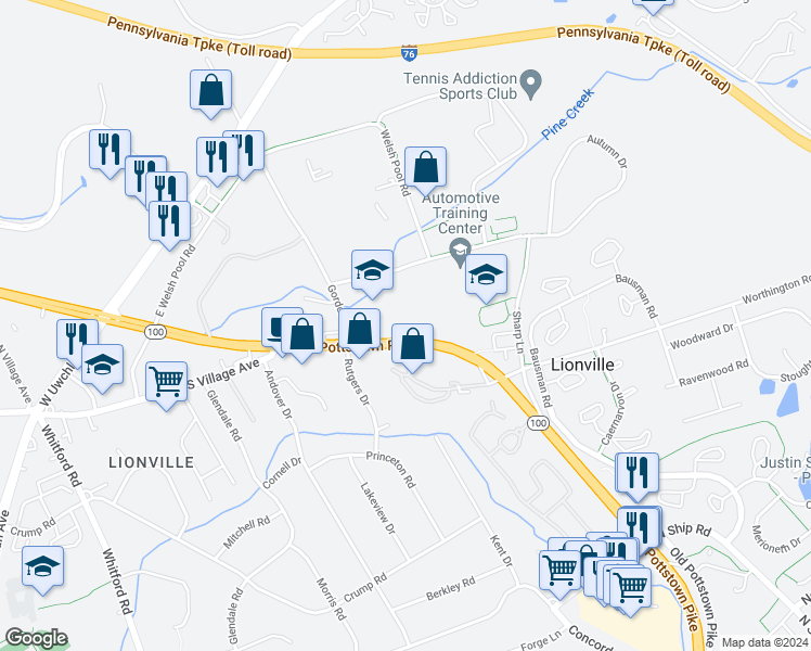 map of restaurants, bars, coffee shops, grocery stores, and more near 741 North Pottstown Pike in Exton
