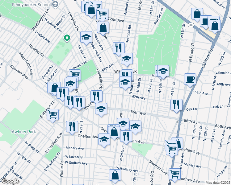 map of restaurants, bars, coffee shops, grocery stores, and more near 1929 67th Avenue in Philadelphia