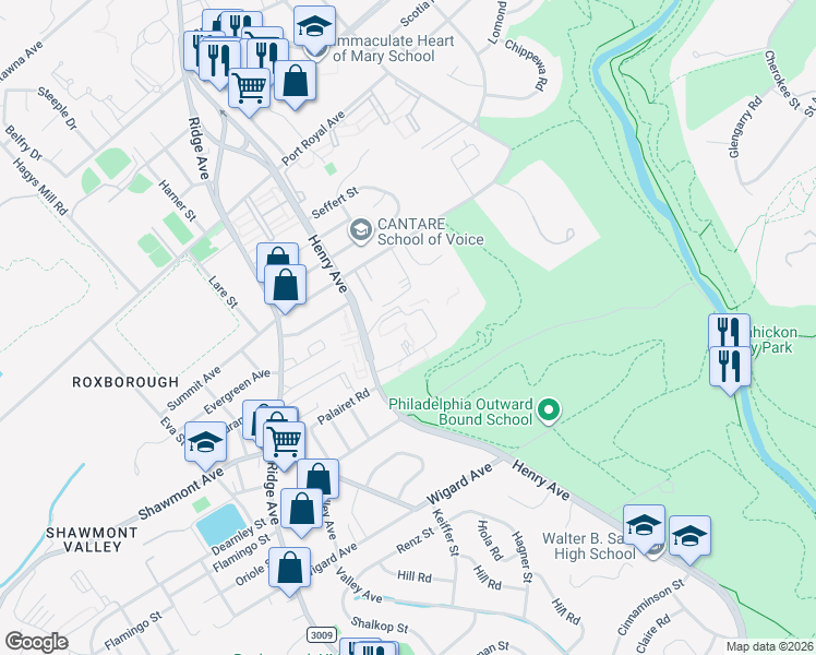 map of restaurants, bars, coffee shops, grocery stores, and more near 7901 Henry Avenue in Philadelphia