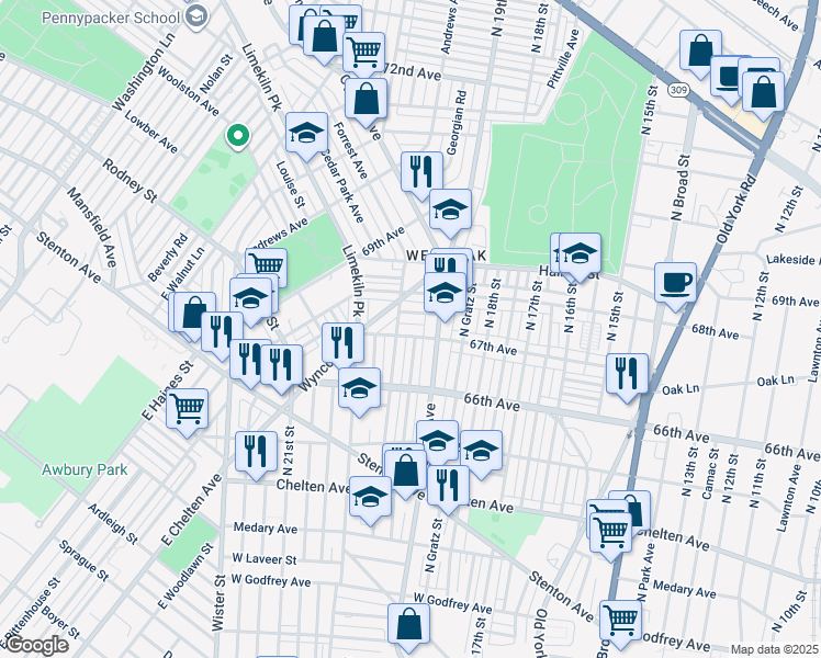 map of restaurants, bars, coffee shops, grocery stores, and more near 1929 67th Avenue in Philadelphia