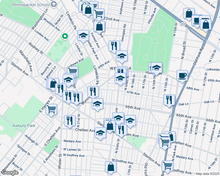 map of restaurants, bars, coffee shops, grocery stores, and more near 1935 67th Avenue in Philadelphia