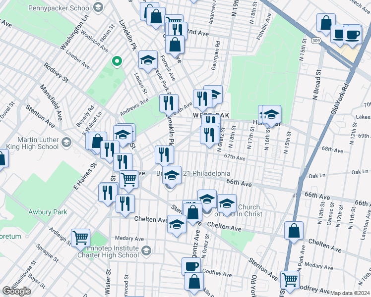 map of restaurants, bars, coffee shops, grocery stores, and more near 2003 67th Avenue in Philadelphia