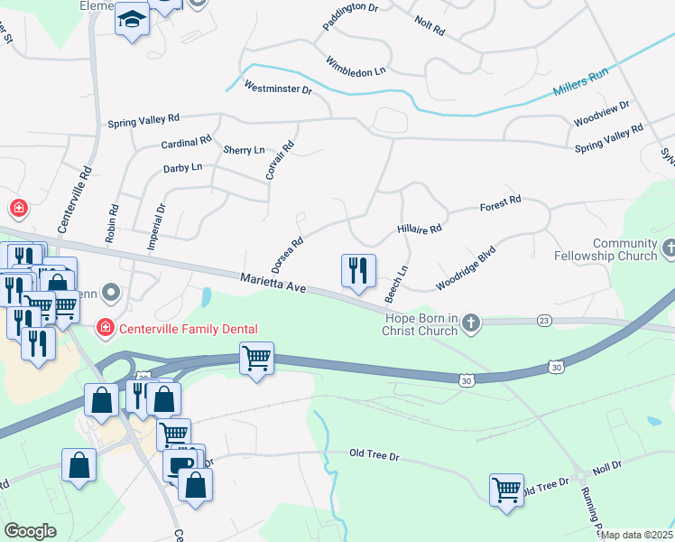 map of restaurants, bars, coffee shops, grocery stores, and more near 2610 De Witt Drive in Lancaster