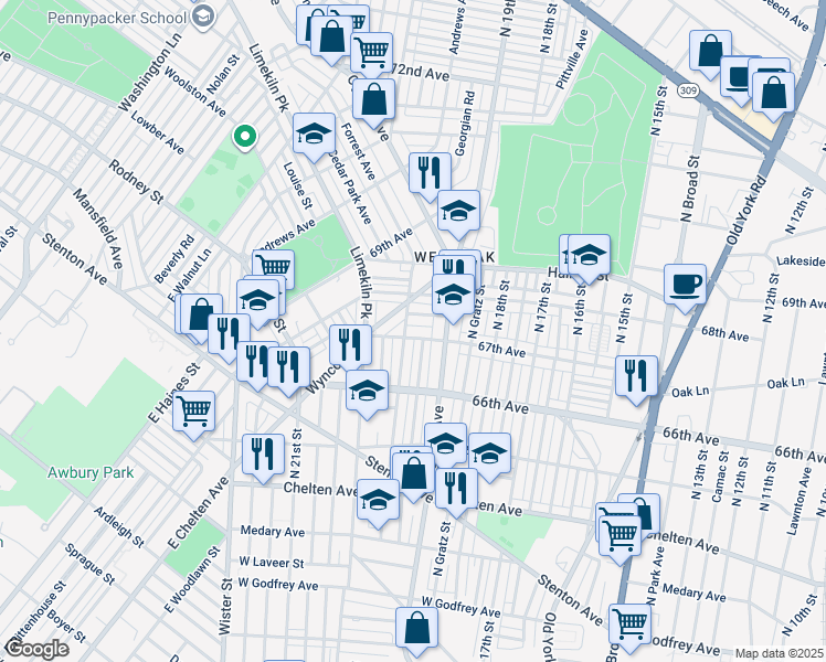 map of restaurants, bars, coffee shops, grocery stores, and more near 1935 67th Avenue in Philadelphia