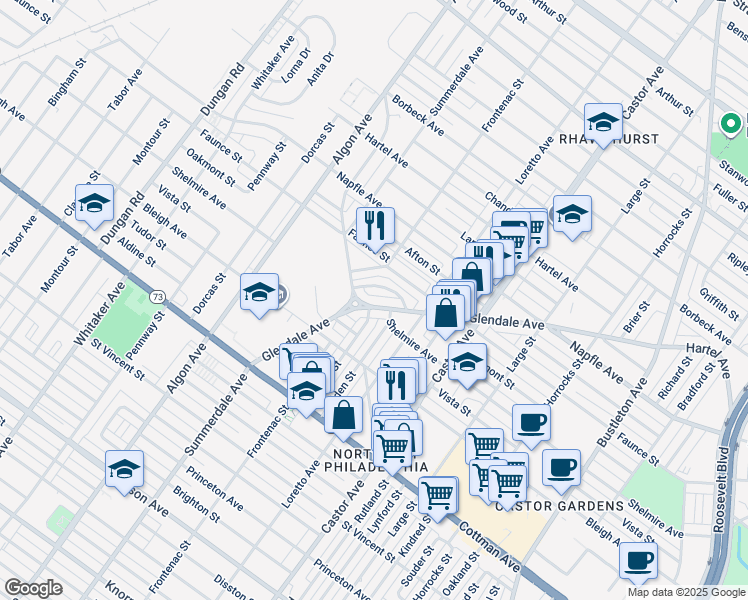 map of restaurants, bars, coffee shops, grocery stores, and more near 1819 Glendale Avenue in Philadelphia