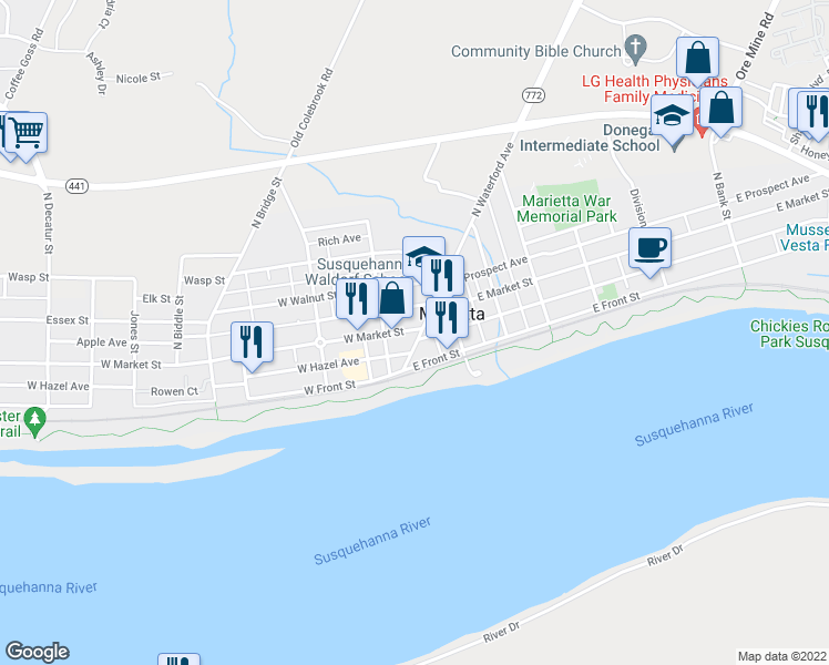 map of restaurants, bars, coffee shops, grocery stores, and more near 7 West Market Street in Marietta