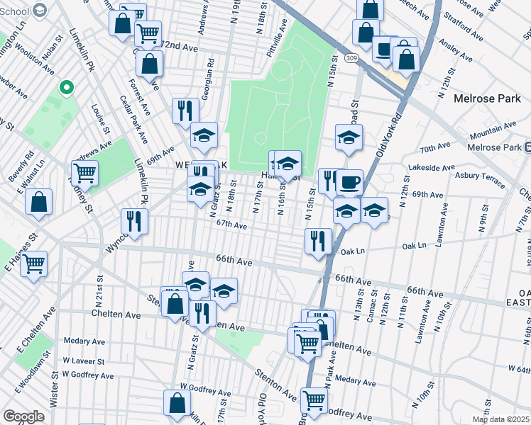 map of restaurants, bars, coffee shops, grocery stores, and more near 6710 North Smedley Street in Philadelphia