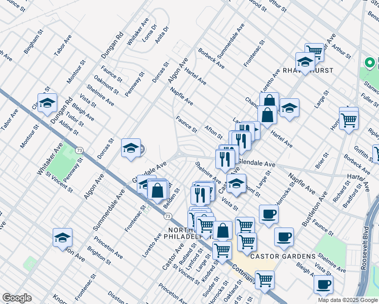 map of restaurants, bars, coffee shops, grocery stores, and more near 1819 Glendale Avenue in Philadelphia