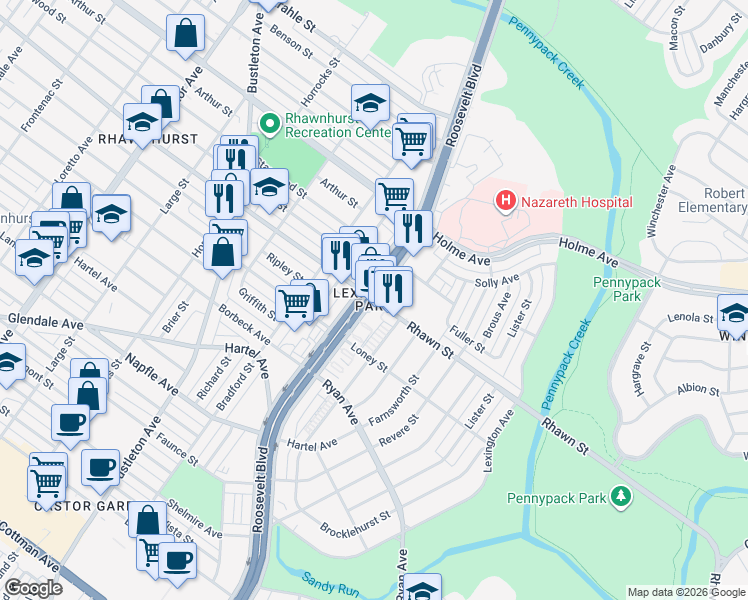 map of restaurants, bars, coffee shops, grocery stores, and more near E Roosevelt Blvd & Rhawn St in Philadelphia