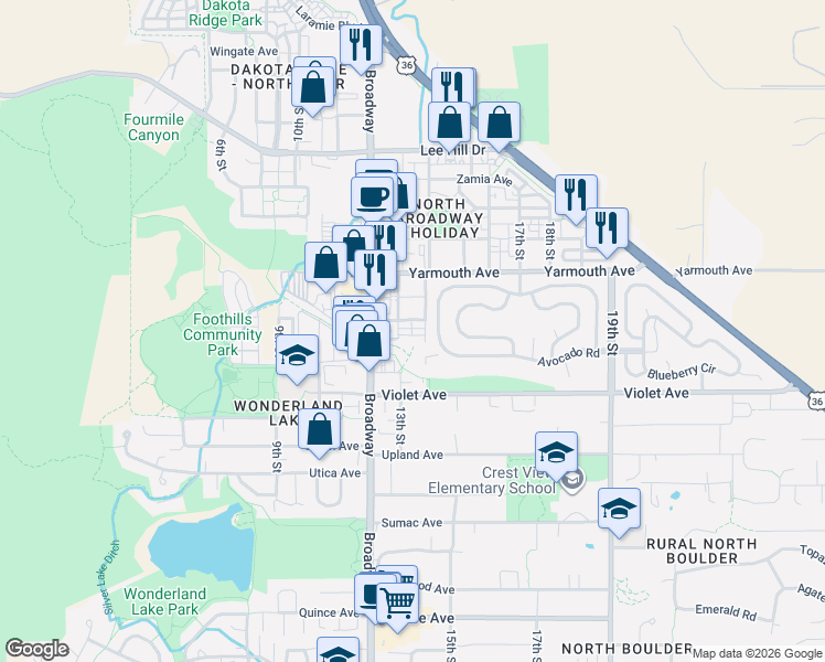 map of restaurants, bars, coffee shops, grocery stores, and more near 4540 Broadway in Boulder