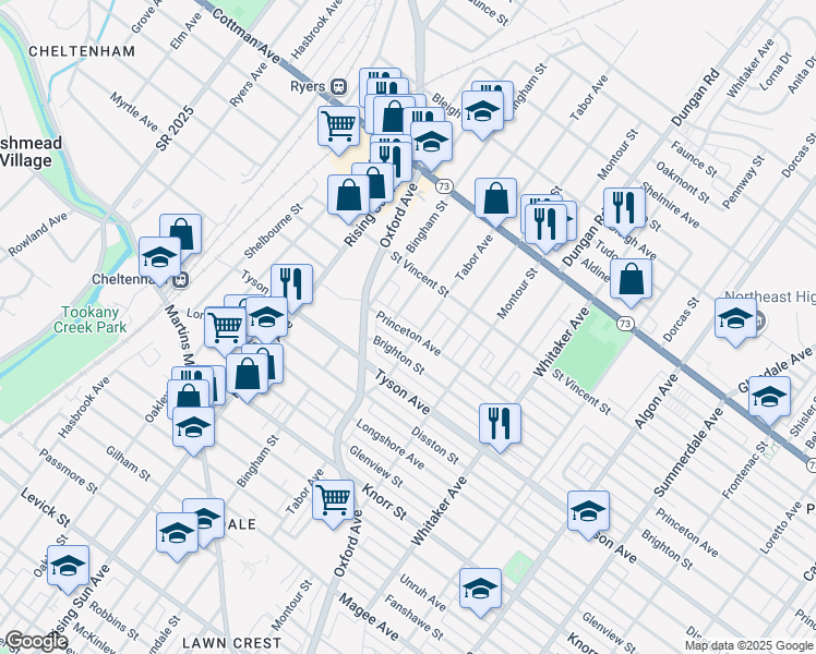 map of restaurants, bars, coffee shops, grocery stores, and more near 630 Princeton Avenue in Philadelphia