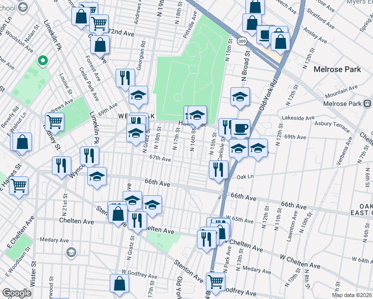 map of restaurants, bars, coffee shops, grocery stores, and more near 6710 North Smedley Street in Philadelphia