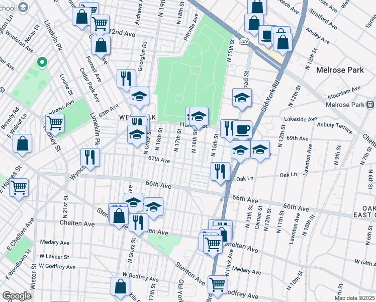 map of restaurants, bars, coffee shops, grocery stores, and more near 6737 North Smedley Street in Philadelphia
