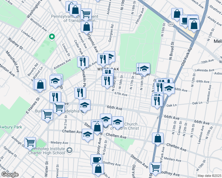 map of restaurants, bars, coffee shops, grocery stores, and more near 1818 67th Avenue in Philadelphia