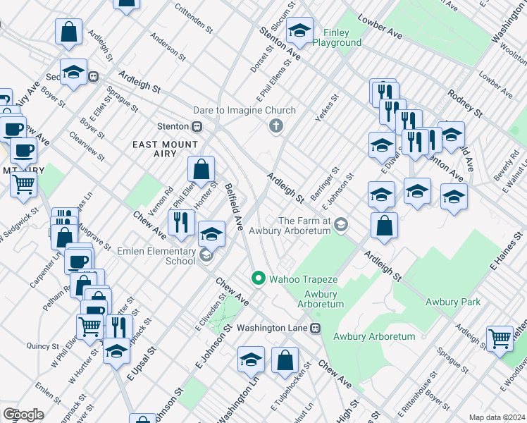 map of restaurants, bars, coffee shops, grocery stores, and more near 500 East Upsal Street in Philadelphia