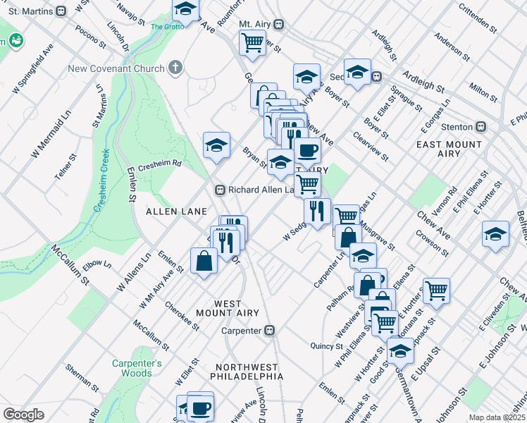 map of restaurants, bars, coffee shops, grocery stores, and more near 214 West Mount Pleasant Avenue in Philadelphia