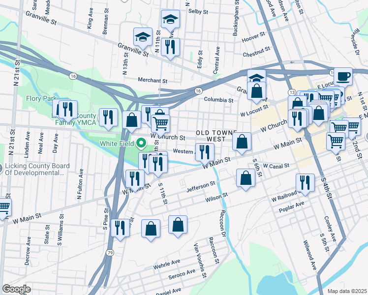 map of restaurants, bars, coffee shops, grocery stores, and more near 69 Western Avenue in Newark