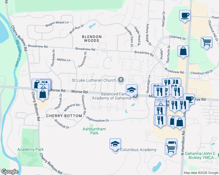 map of restaurants, bars, coffee shops, grocery stores, and more near 3916 Roxham Court in Columbus