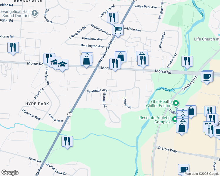 map of restaurants, bars, coffee shops, grocery stores, and more near 4180 Walnut Ridge Drive in Columbus