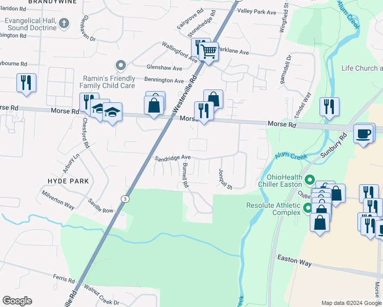map of restaurants, bars, coffee shops, grocery stores, and more near 4198-4114,4199-4101 Skyview Drive in Columbus
