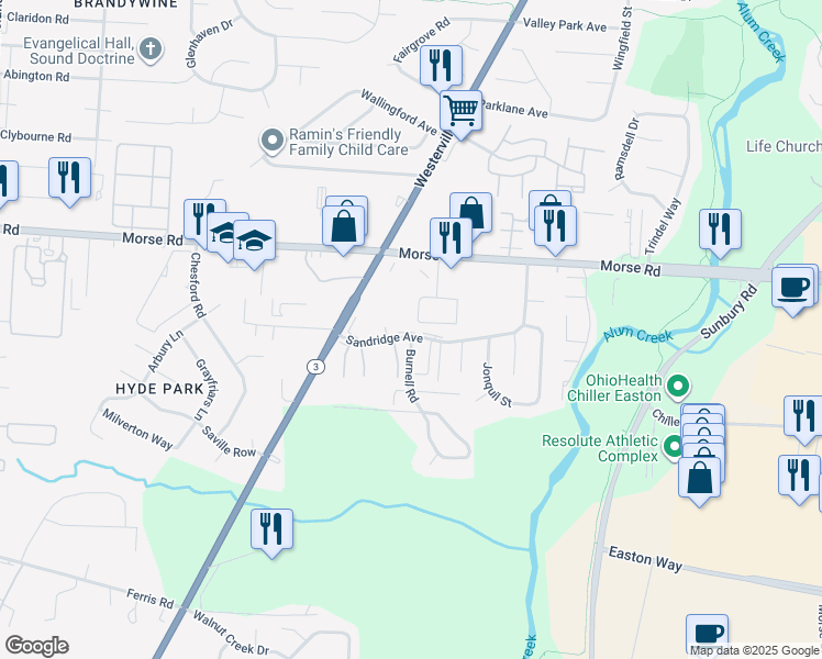 map of restaurants, bars, coffee shops, grocery stores, and more near 4198-4114,4199-4101 Skyview Drive in Columbus