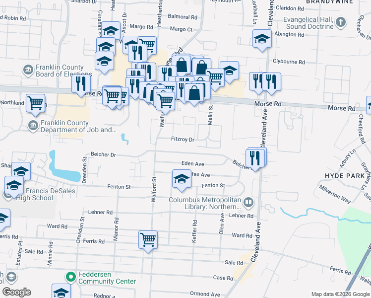 map of restaurants, bars, coffee shops, grocery stores, and more near 2119 Belcher Drive in Columbus
