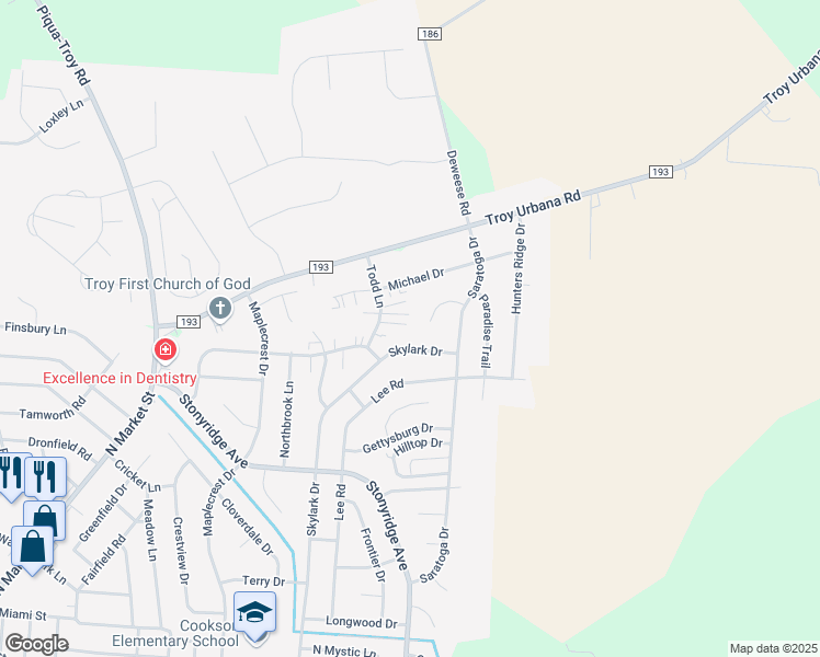 map of restaurants, bars, coffee shops, grocery stores, and more near 1456 Skylark Drive in Troy