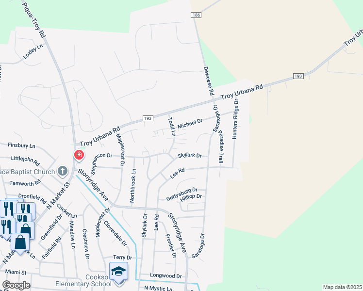 map of restaurants, bars, coffee shops, grocery stores, and more near 1408 Skylark Drive in Troy