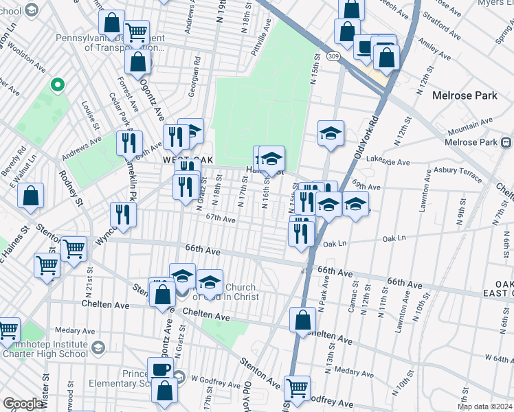 map of restaurants, bars, coffee shops, grocery stores, and more near 6737 North Smedley Street in Philadelphia