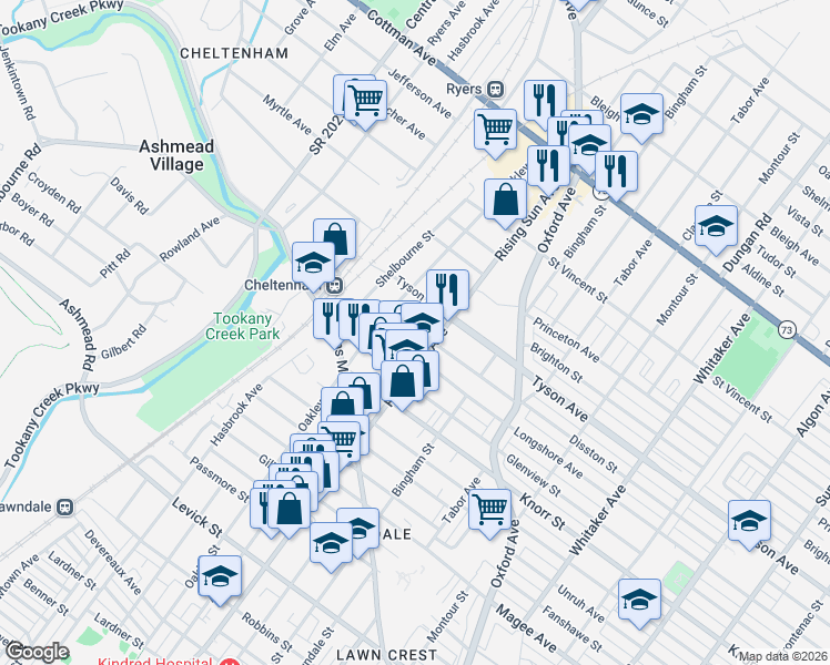map of restaurants, bars, coffee shops, grocery stores, and more near 6904 Rising Sun Avenue in Philadelphia