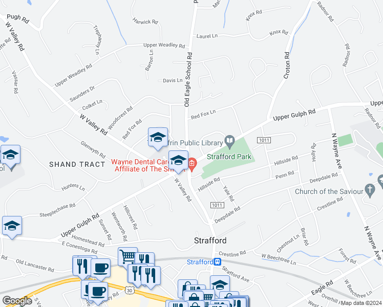 map of restaurants, bars, coffee shops, grocery stores, and more near 321 Old Eagle School Road in Wayne