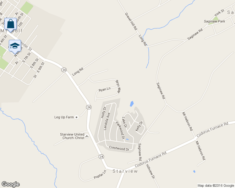 map of restaurants, bars, coffee shops, grocery stores, and more near 110 Bryn Way in Mount Wolf