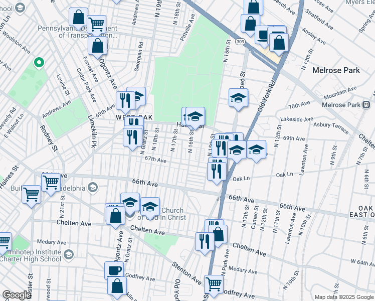 map of restaurants, bars, coffee shops, grocery stores, and more near 6740 North 16th Street in Philadelphia