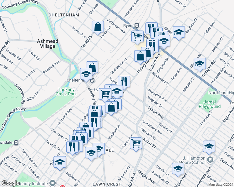 map of restaurants, bars, coffee shops, grocery stores, and more near 6904 Rising Sun Avenue in Philadelphia