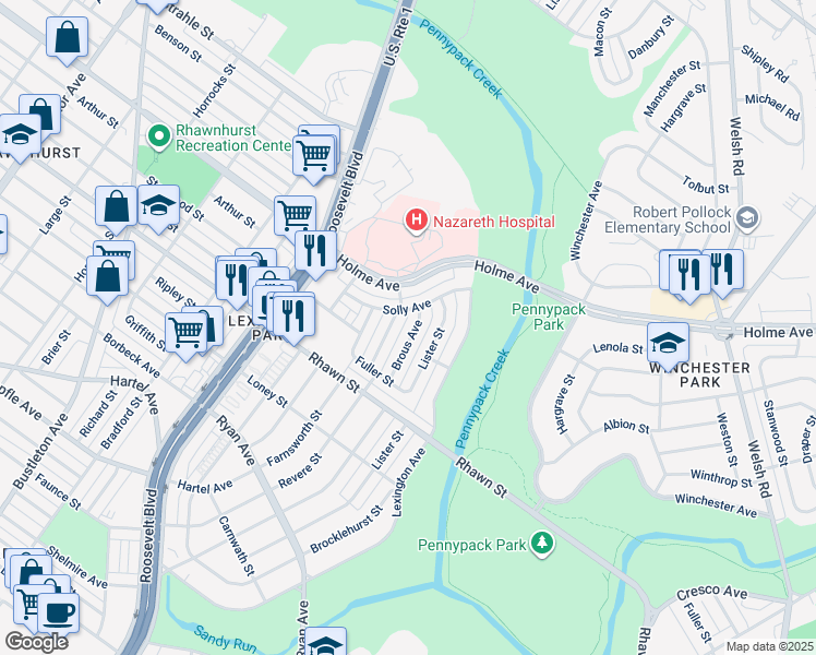 map of restaurants, bars, coffee shops, grocery stores, and more near 8140 Brous Avenue in Philadelphia