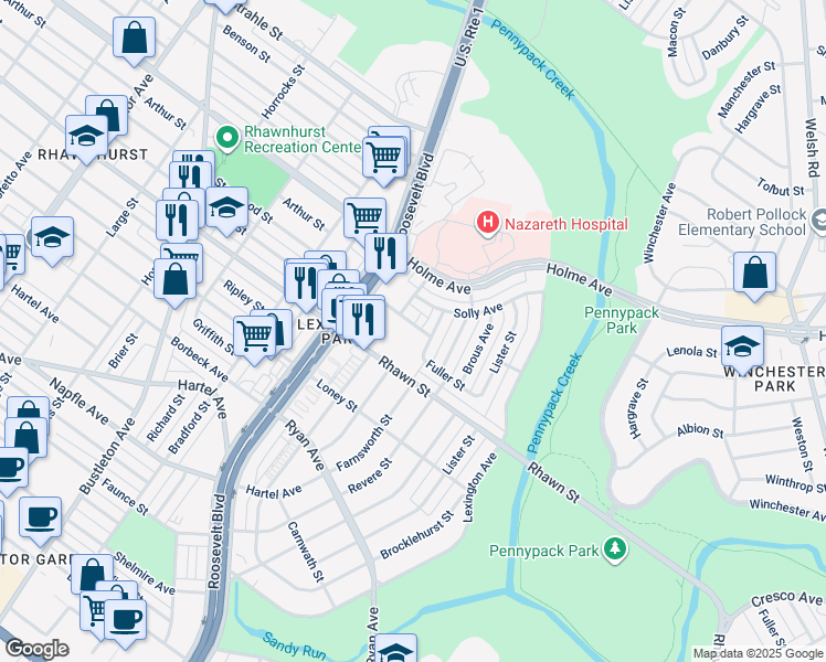 map of restaurants, bars, coffee shops, grocery stores, and more near 2727 Rhawn Street in Philadelphia