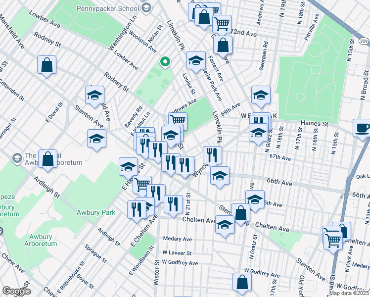 map of restaurants, bars, coffee shops, grocery stores, and more near 6809 Rodney Street in Philadelphia