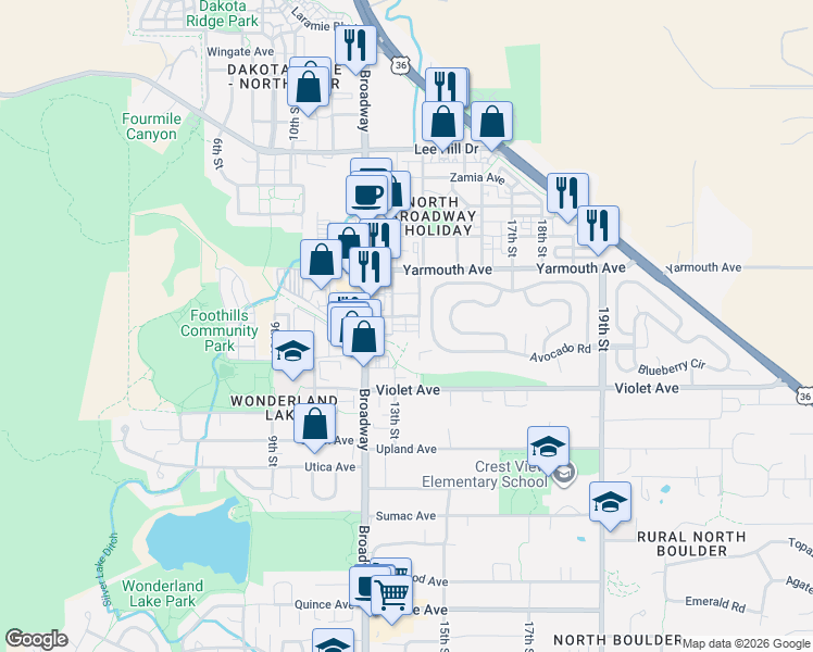 map of restaurants, bars, coffee shops, grocery stores, and more near 4540 Broadway in Boulder