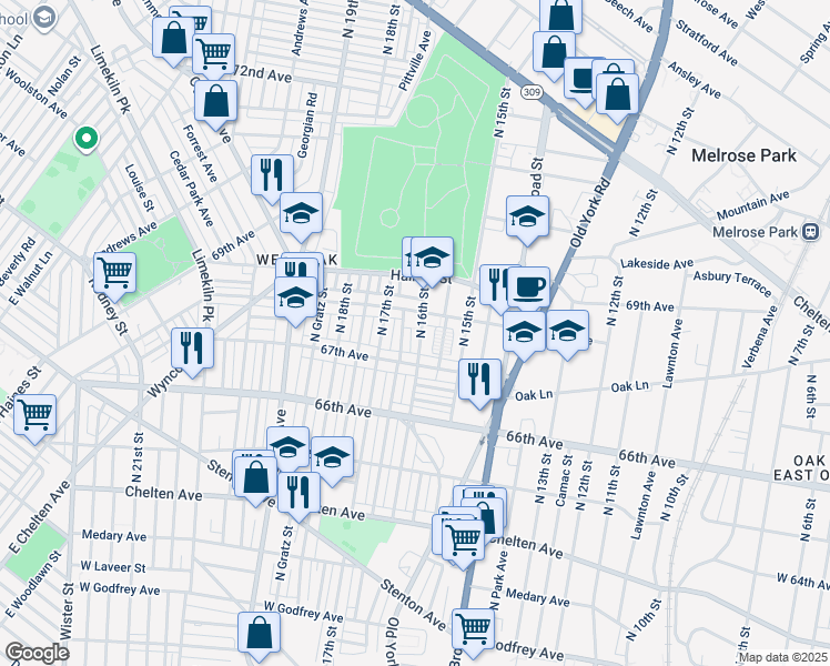 map of restaurants, bars, coffee shops, grocery stores, and more near 6740 North 16th Street in Philadelphia