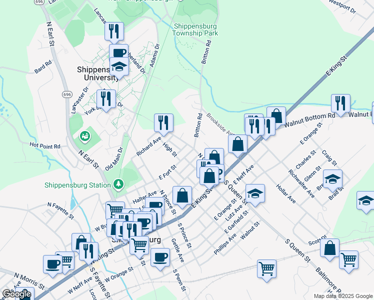 map of restaurants, bars, coffee shops, grocery stores, and more near 345 East Fort Street in Shippensburg