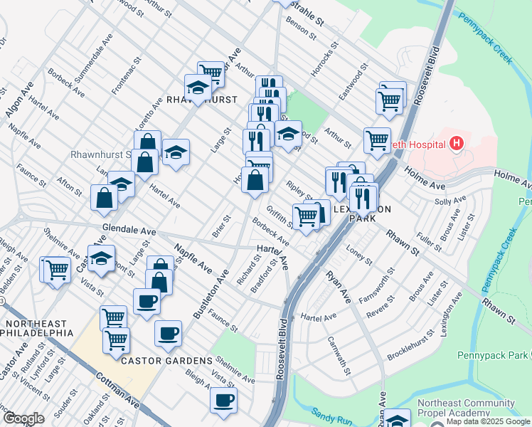 map of restaurants, bars, coffee shops, grocery stores, and more near 2315 Borbeck Avenue in Philadelphia